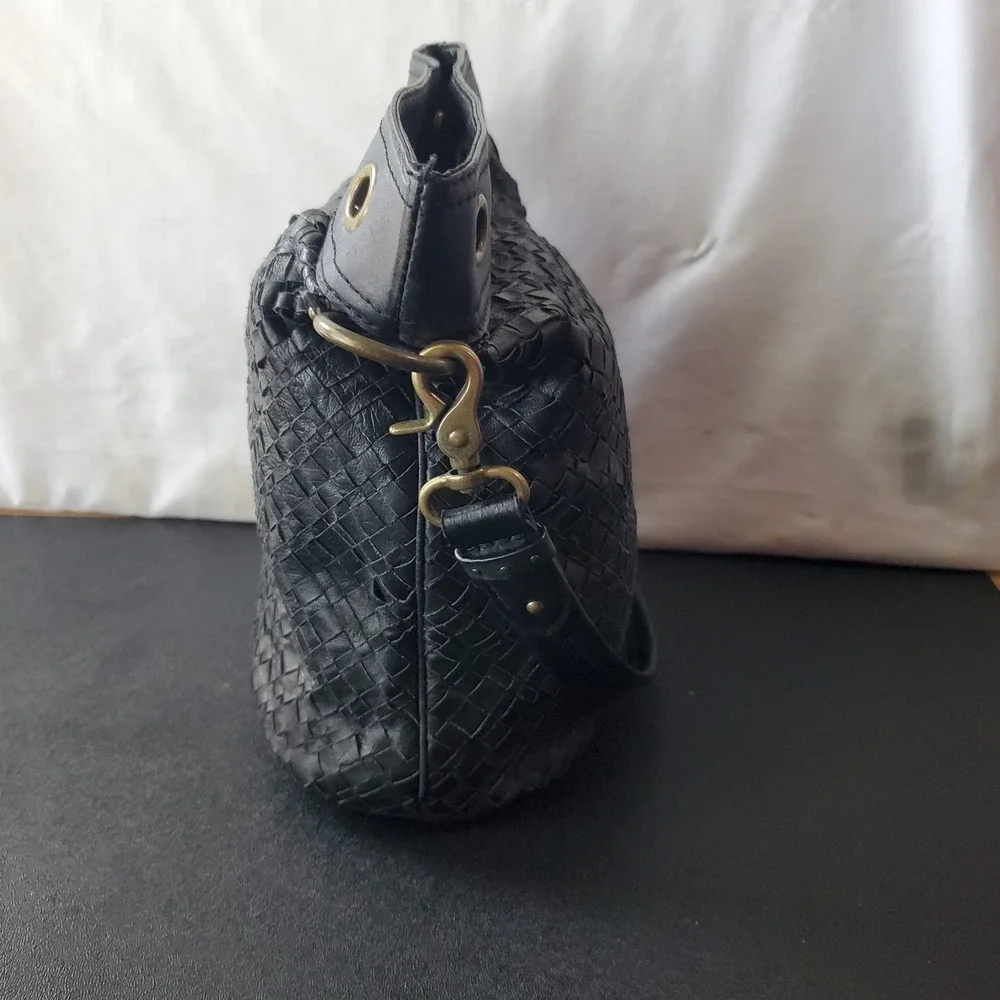 Elliott Lucca Black Leather Braided Bucket Tote Hobo Shoulder Bag Satchel Vtg‎